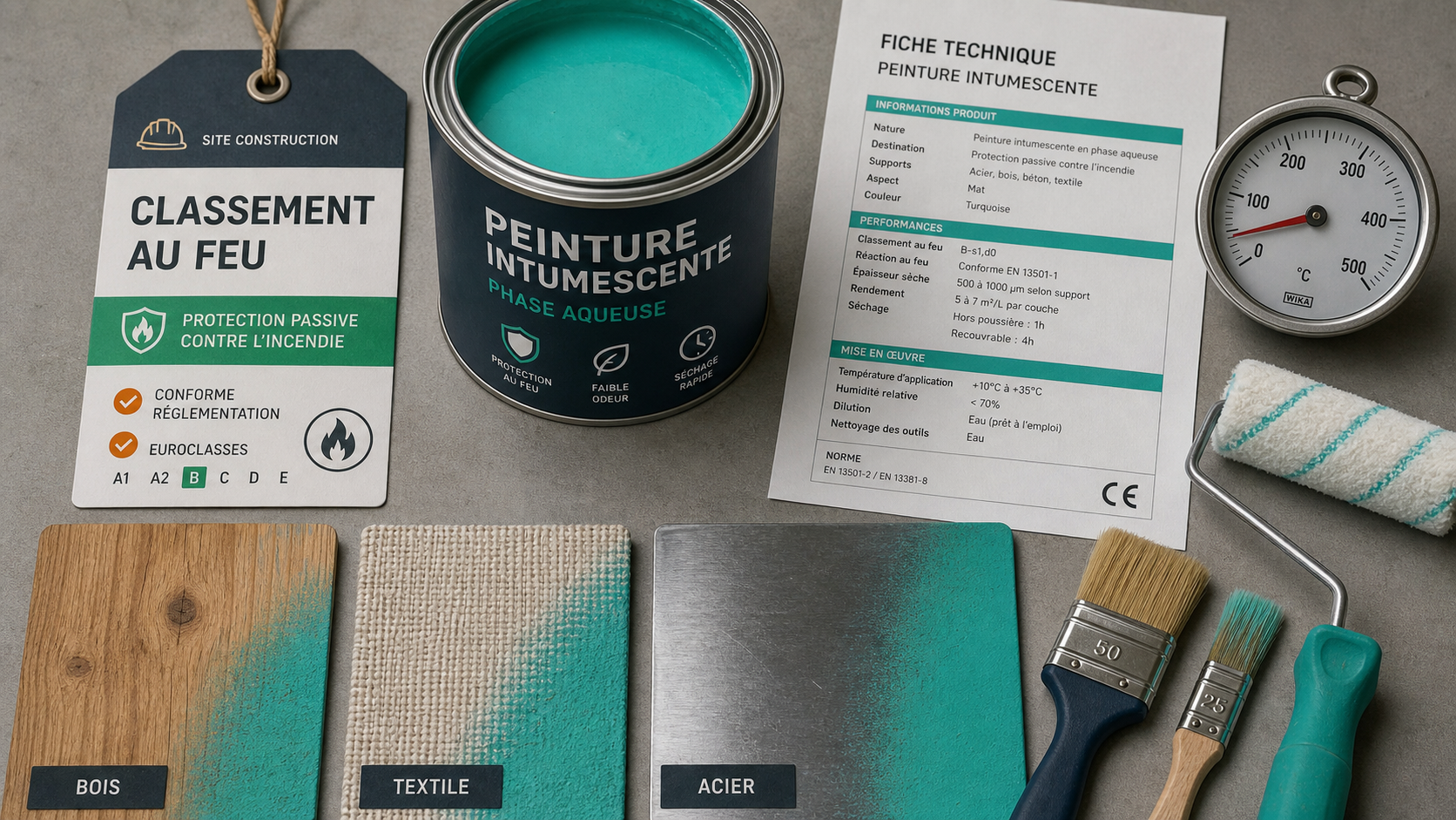 Matériaux ignifuge : étiquette classement au feu et peinture intumescente sur table
