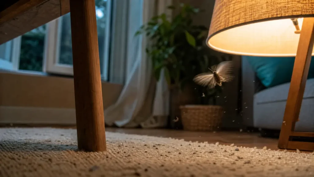 Papillon de nuit dans la maison près d’une lampe, mites sur un tapis