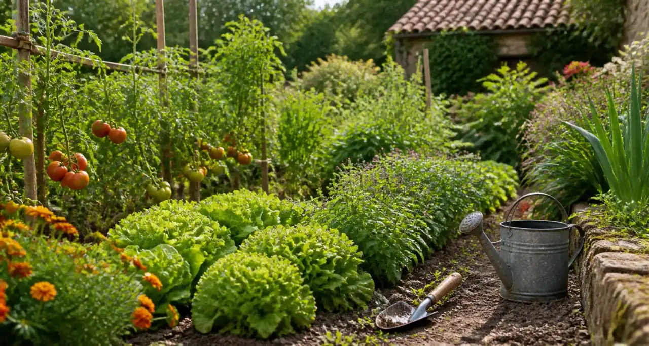 Entretien d'un potager avec rangs de légumes, outils de jardinage et arrosoir