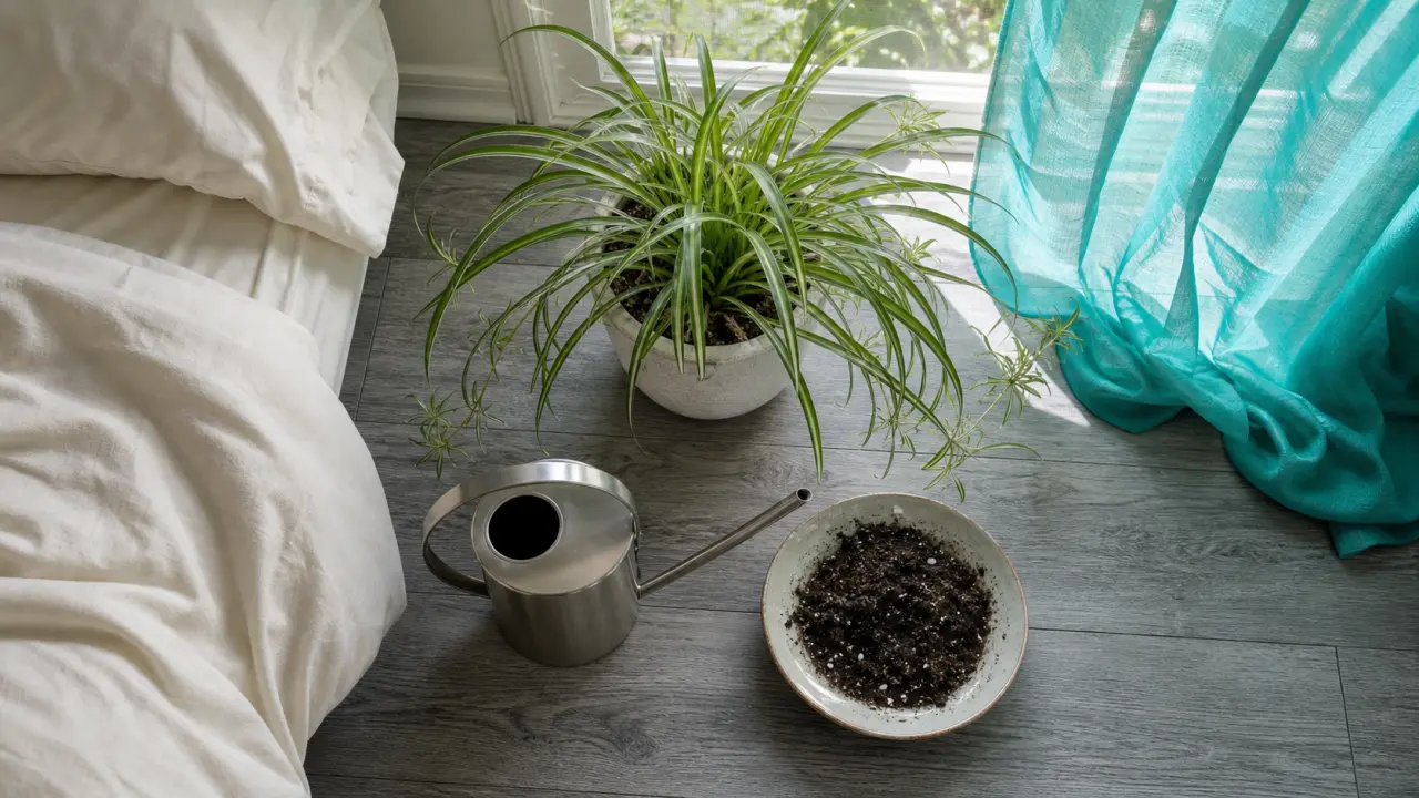 Quelle plante mettre dans une chambre : chlorophytum en pot près d’une fenêtre