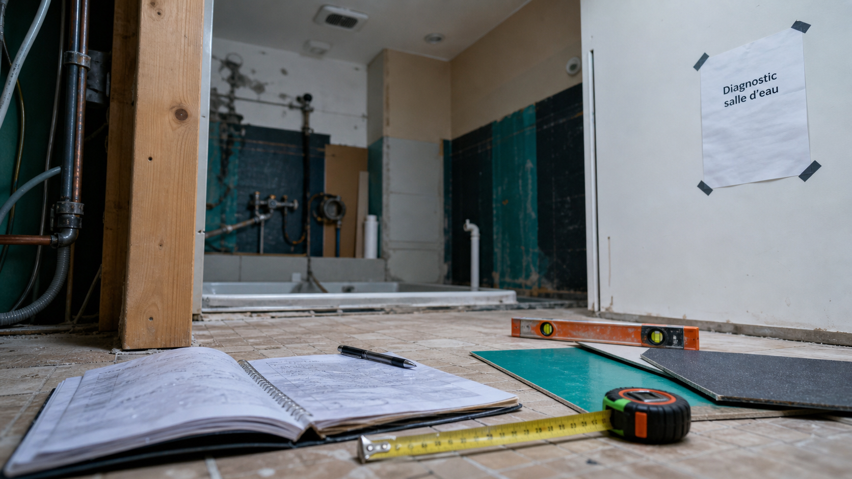 Renover une salle de bain : diagnostic humidité, niveau à bulle et matériaux en rénovation