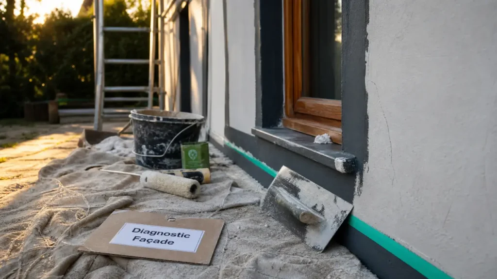 Solutions rénover ou embellir façade : enduit gris et peinture fraîche sur façade en rénovation