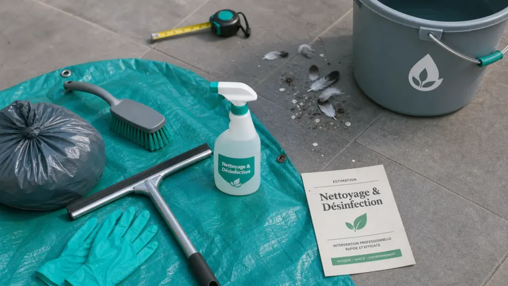 Tarif nettoyage fiente de pigeon sur terrasse : gants, raclette et désinfection