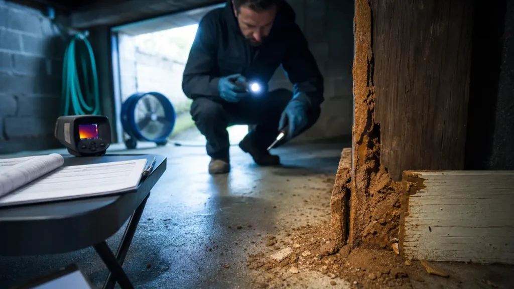 Traitement termites var : signes visibles sur poutre bois et plinthe arrachée