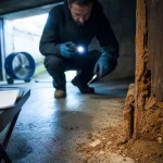 Traitement termites var : signes visibles sur poutre bois et plinthe arrachée