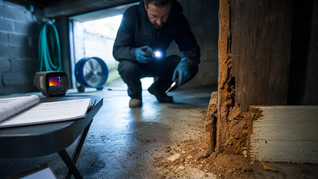 Traitement termites var : signes visibles sur poutre bois et plinthe arrachée