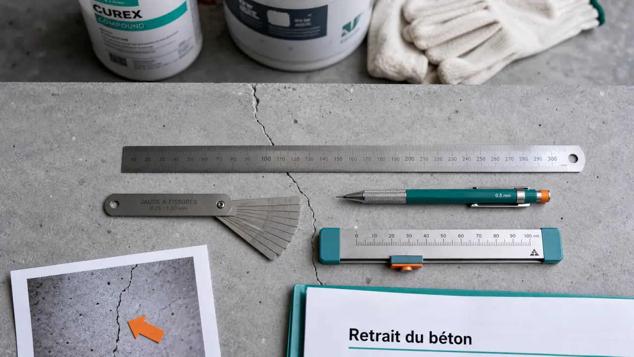 Dalle béton qui fissure au séchage : retrait 0,2 mm et fissuromètre