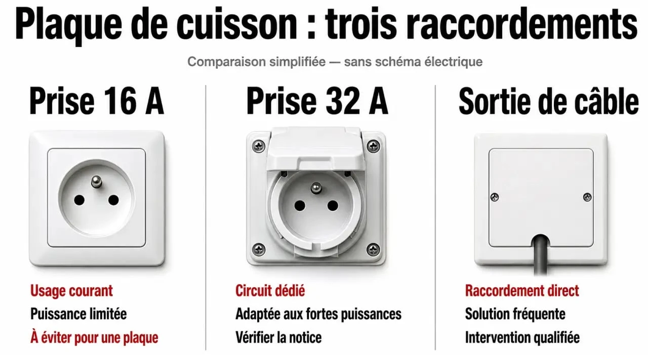 Prise plaque de cuisson : comparaison visuelle entre prise standard, prise 32A et sortie de câble