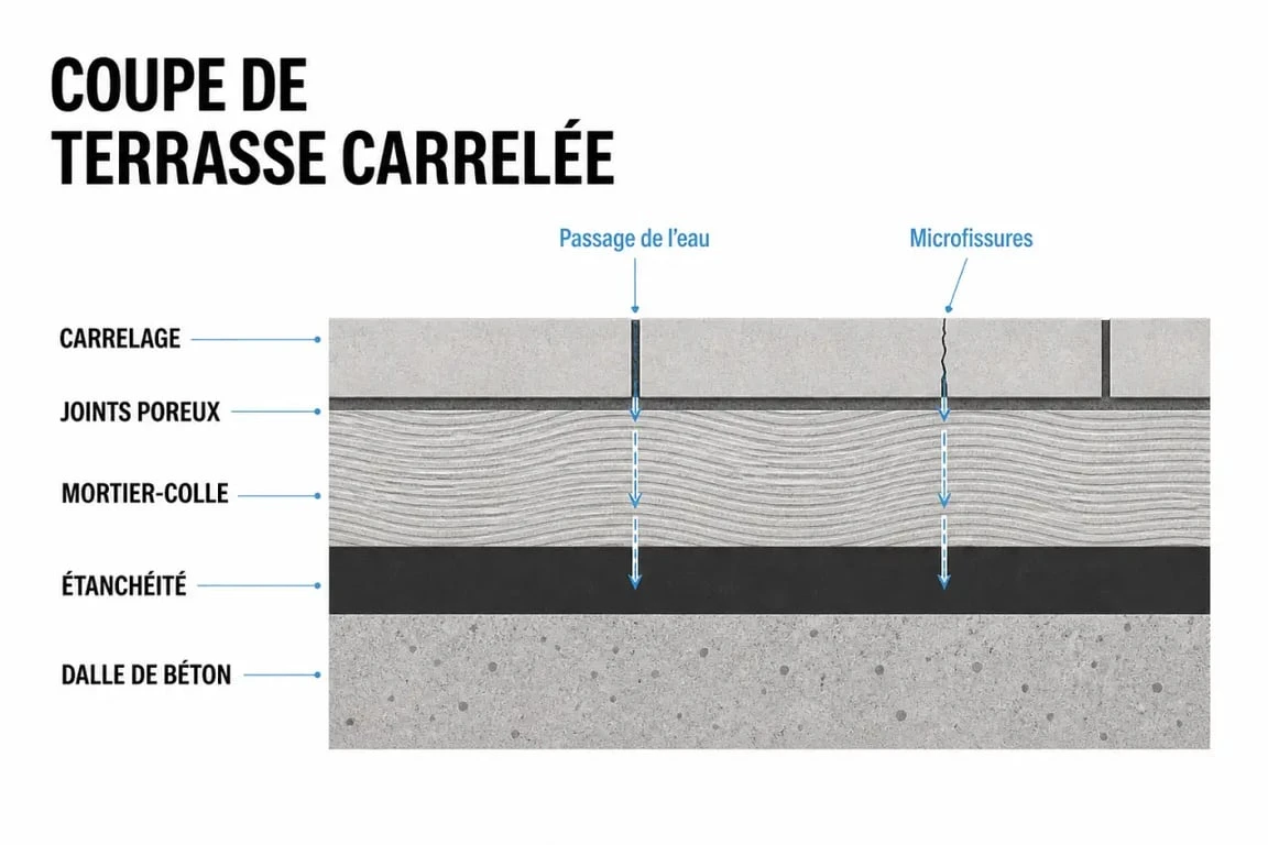 Étanchéité sur carrelage terrasse : schéma de la coupe d’une terrasse et des infiltrations sous les joints