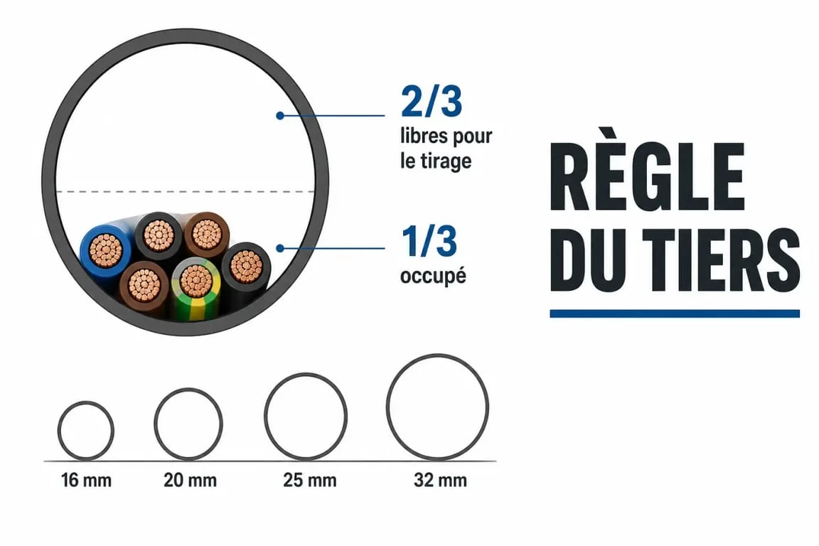 Diametre des gaines electriques : illustration de la règle du tiers dans une gaine avec conducteurs et diamètres usuels