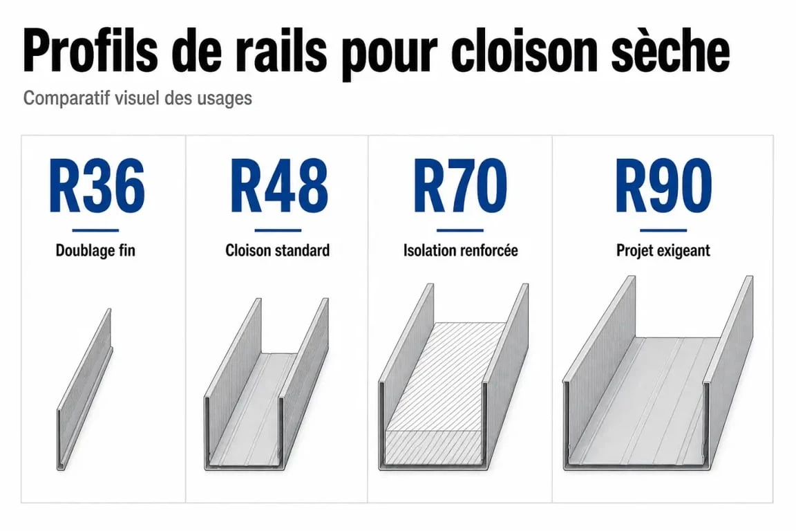 Comparatif des railles pour placo R36, R48, R70 et R90 selon l’usage