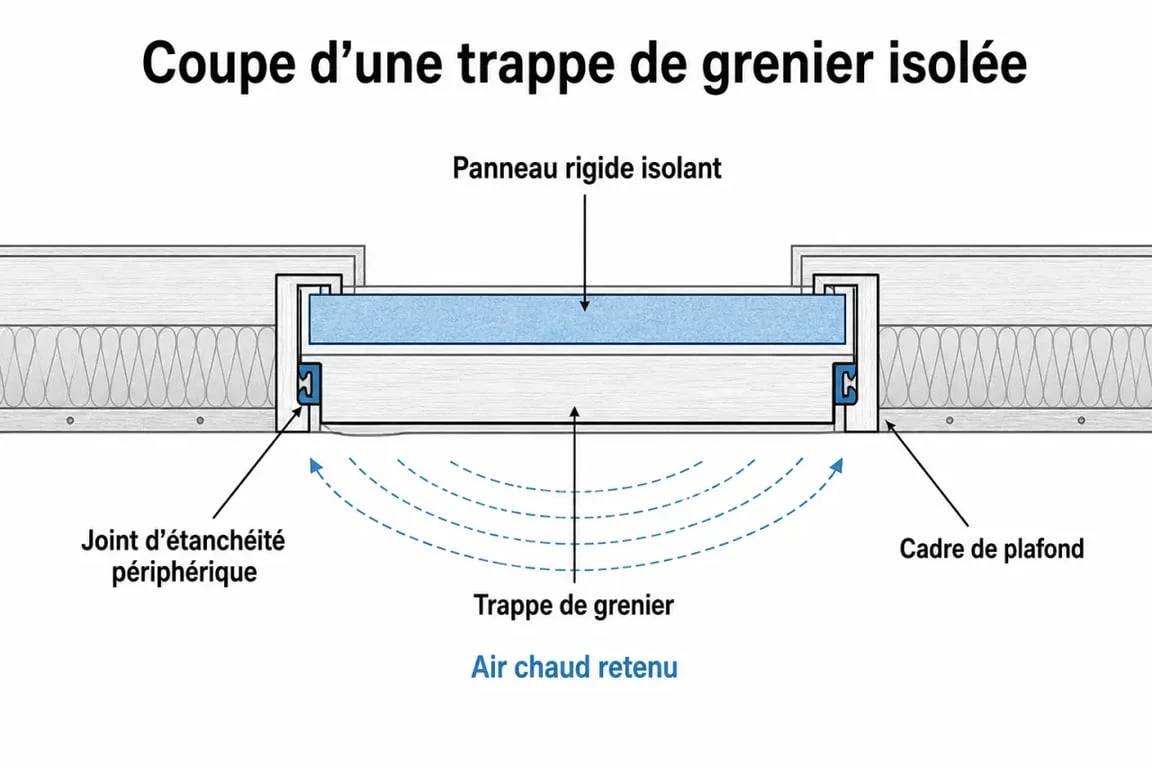 Coupe technique d'une trappe de grenier isolée avec joint d'étanchéité