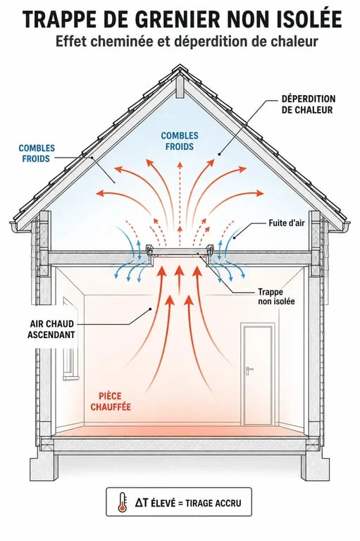 Schéma illustrant les pertes de chaleur et l'effet cheminée lors de l'isolation d'une trappe de grenier