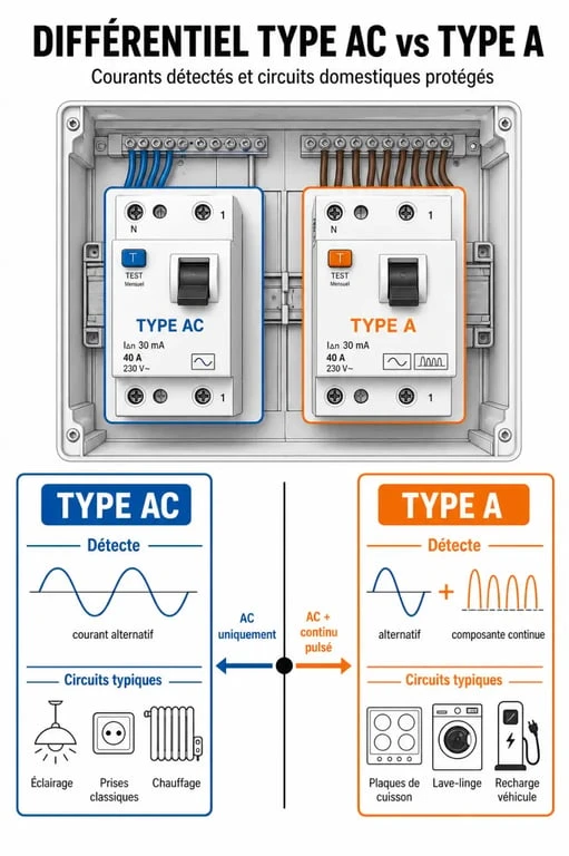 Comparatif différentiel type a ou ac dans un tableau électrique domestique