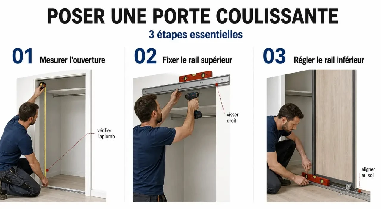 Poser une porte de placard coulissante étape par étape : mesure, pose des rails et réglage des vantaux