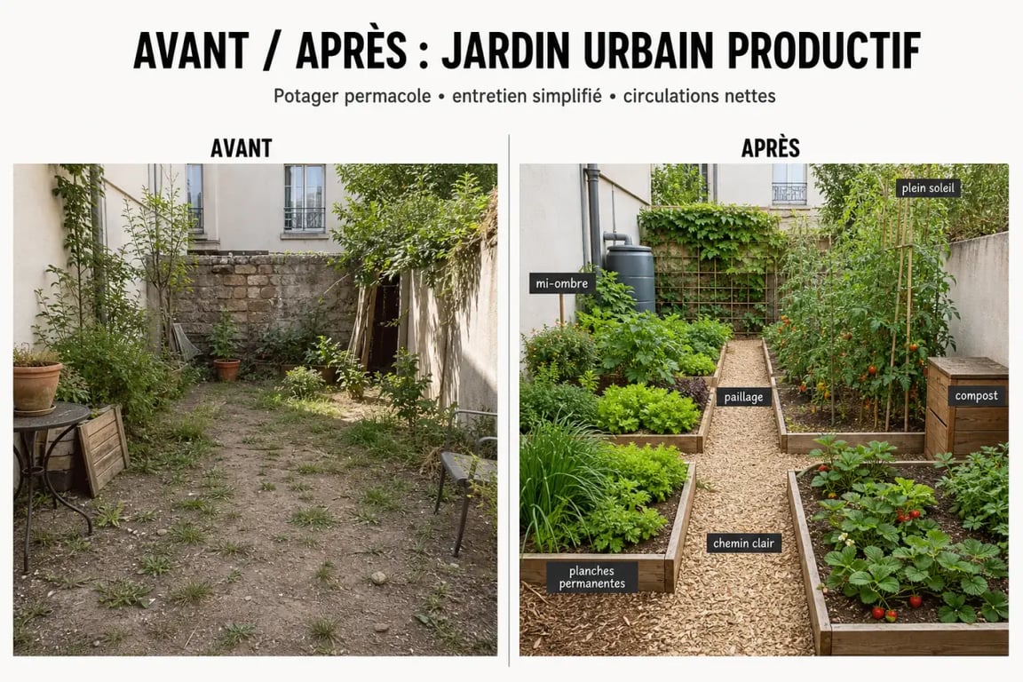 Aménager un potager permacole dans son jardin de ville : exemple avant-après d’un espace optimisé