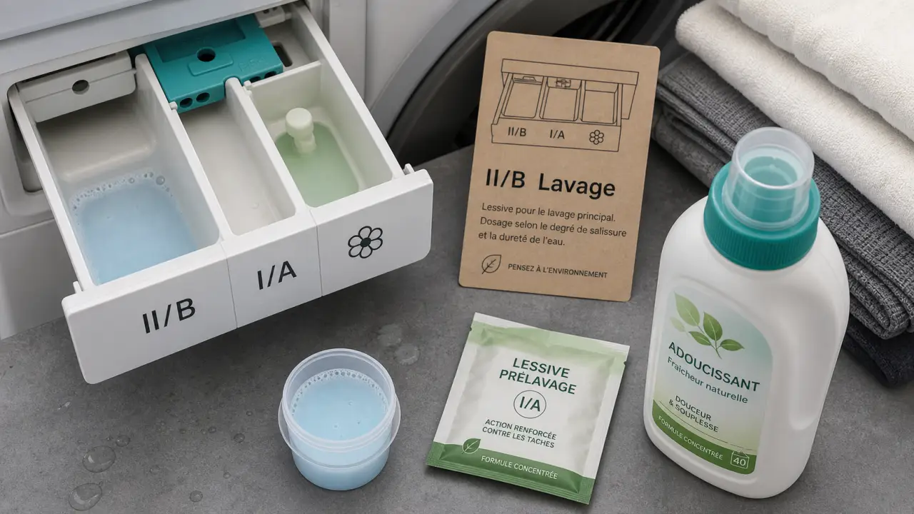 Où mettre la lessive : II/B lavage, I/A prélavage et fleur adoucissant
