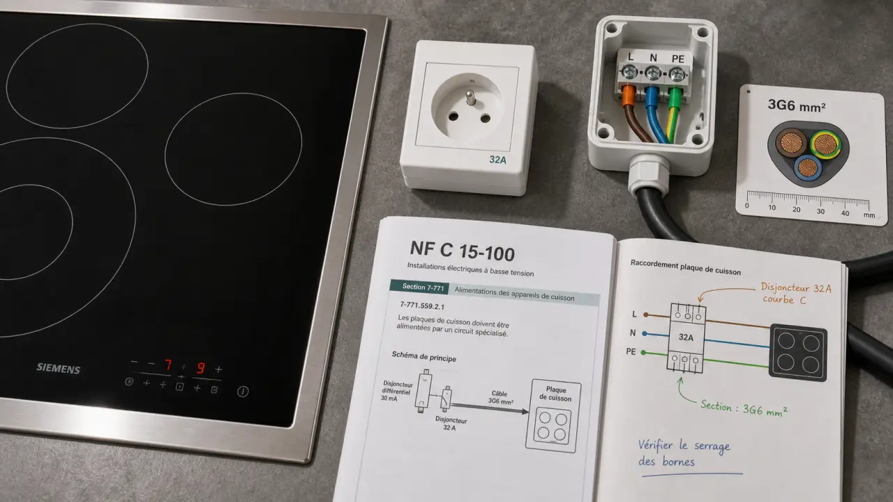 Prise plaque de cuisson 32A et sortie de câble encastrée