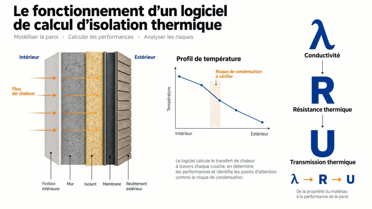 Schéma d’un logiciel calcul isolation thermique montrant les couches d’une paroi, les valeurs R et U et une zone de condensation