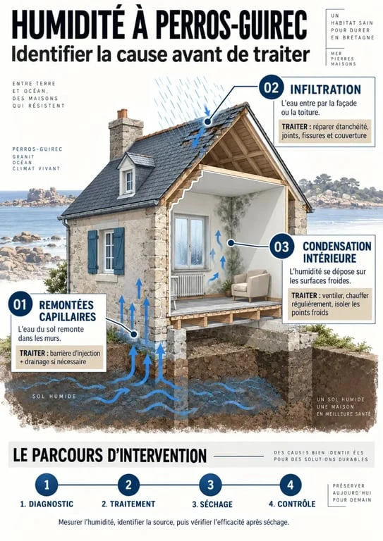 Infographie sur le traitement humidité Perros-Guirec : causes, diagnostic et solutions