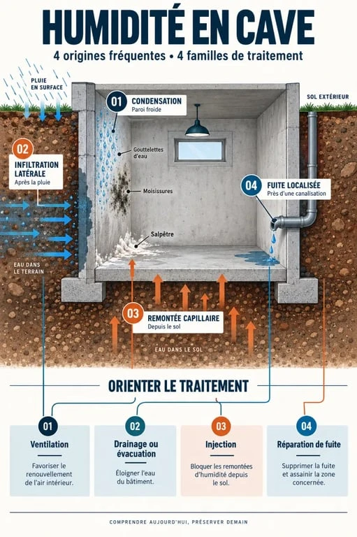 Schéma du traitement de l’humidité dans une cave selon la cause : condensation, infiltration, remontée capillaire ou fuite