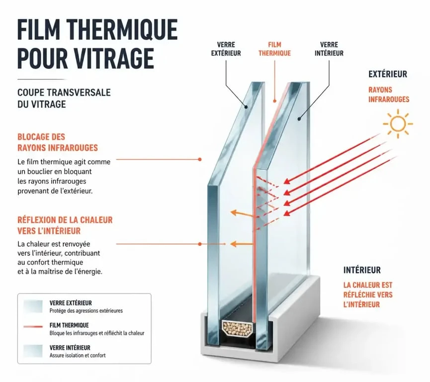 Schéma de fonctionnement d'un film isolation thermique sur vitrage