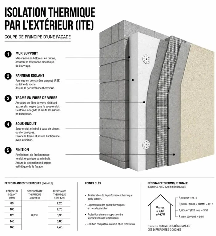 Schéma de la structure d'une isolation thermique par l'extérieur pour une maison à L'Union.
