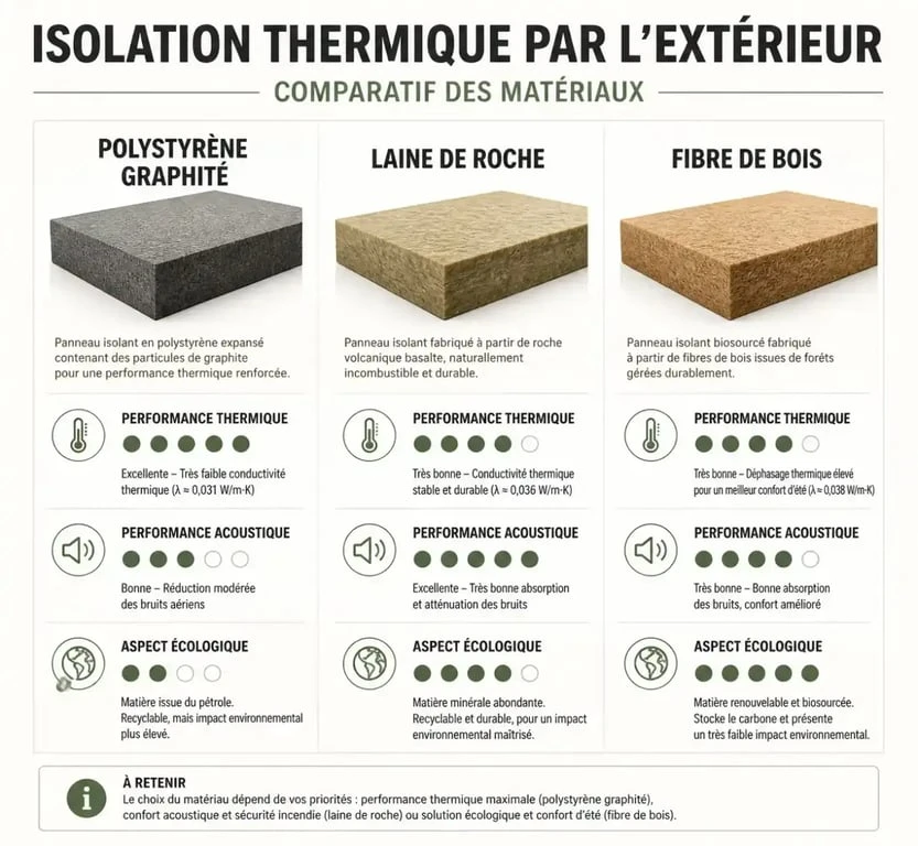 Comparatif des matériaux pour l'isolation thermique extérieure à L'Union : polystyrène, laine de roche et fibre de bois.