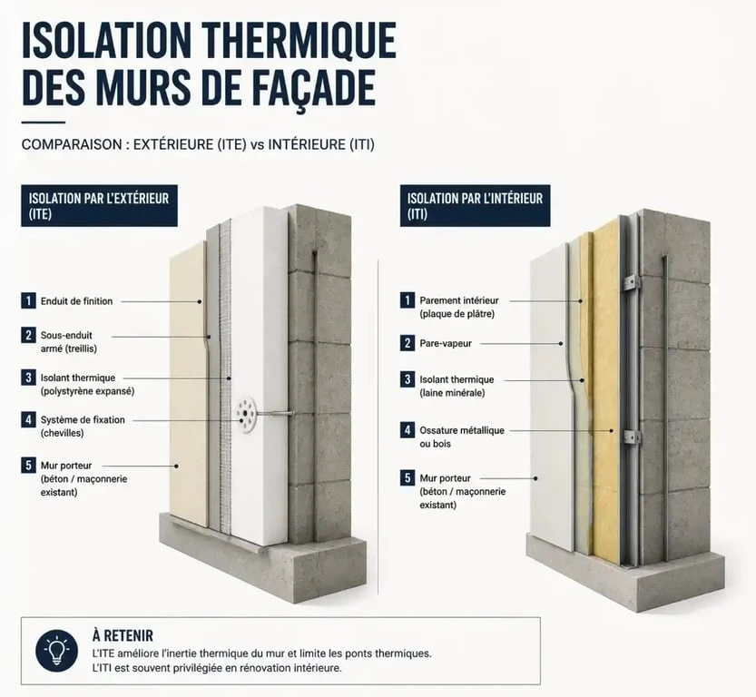 Schéma comparatif isolation thermique 95 par l'extérieur et par l'intérieur