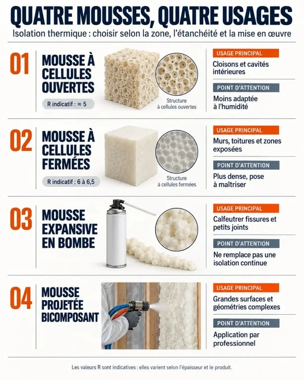 Infographie sur les différents types de mousse pour isolation thermique et leurs usages