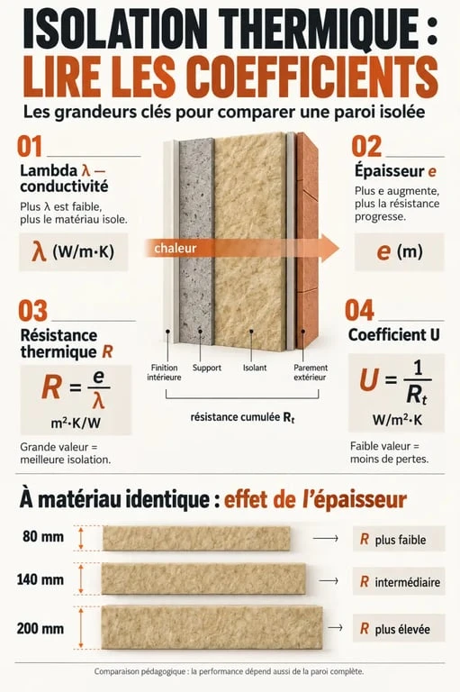 Tableau coefficient isolation thermique avec comparaison visuelle du lambda, du R, de l’épaisseur et du U