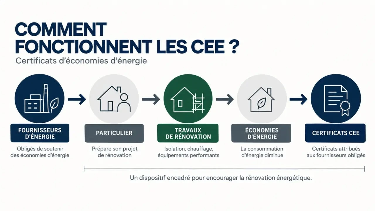 Schéma du fonctionnement des certificats d’économies d’énergie CEE entre fournisseur, travaux et économies d’énergie