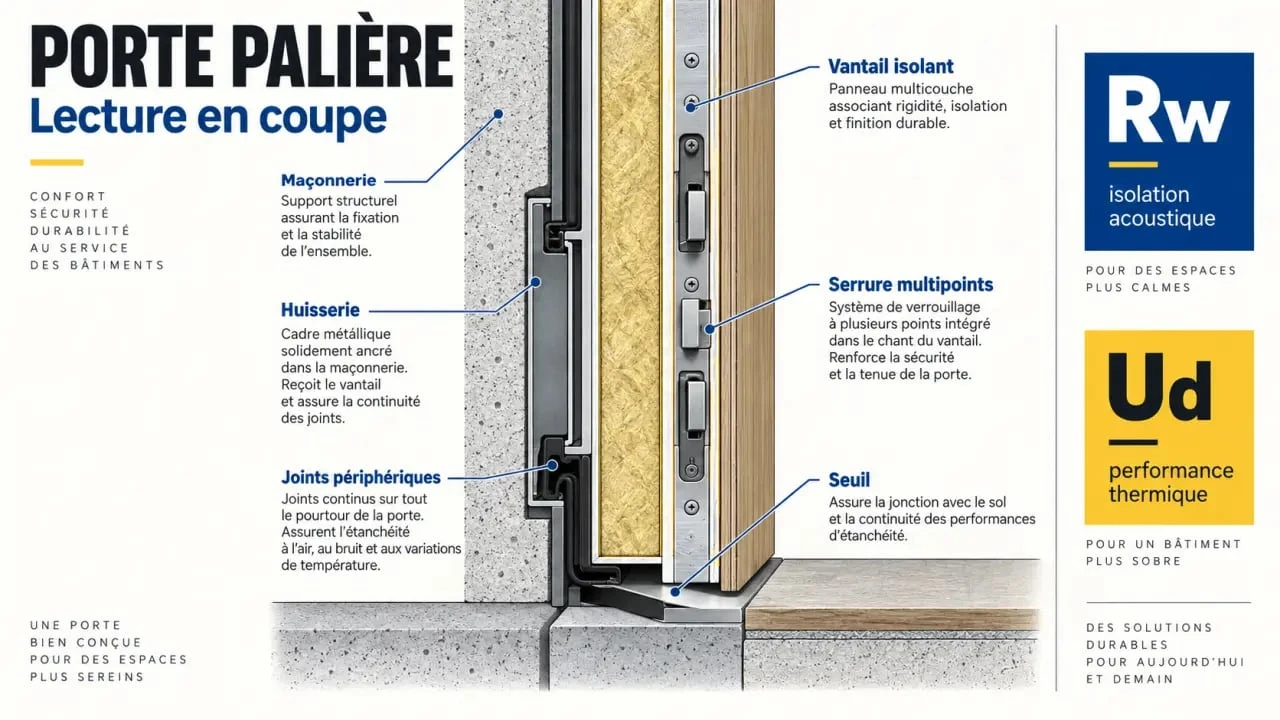 Schéma d’une porte palière avec isolation phonique et thermique, joints, huisserie et seuil