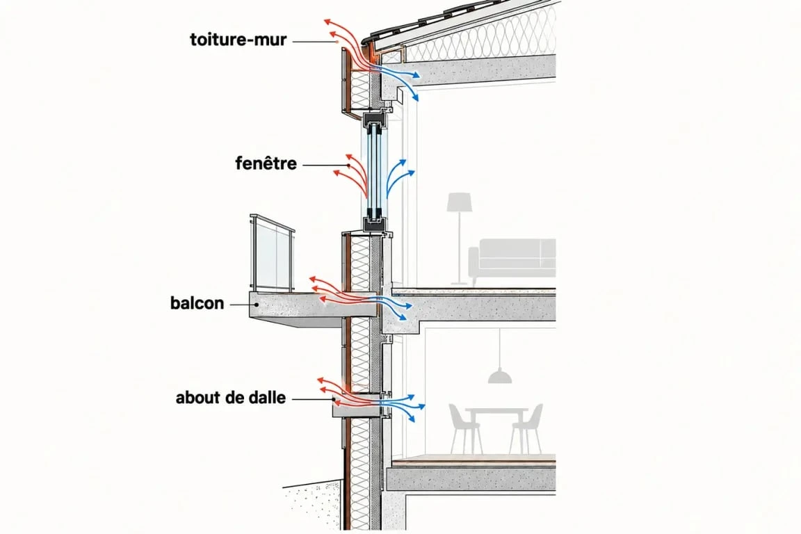 Schéma d’un pont thermique isolation aux jonctions d’un mur, d’un plancher, d’une fenêtre et d’un balcon