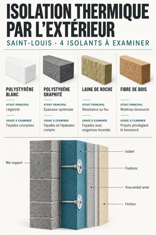 Infographie sur l’isolation thermique par l’extérieur à Saint-Louis et les principaux isolants utilisés