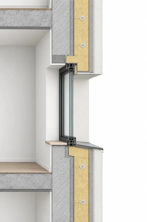 Schéma d’une isolation thermique par l’extérieur à Altkirch montrant les couches de la façade et la continuité de l’isolant