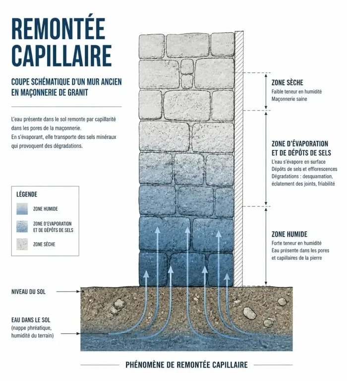 Schéma traitement humidité Lannion illustrant les remontées capillaires dans un mur en granit