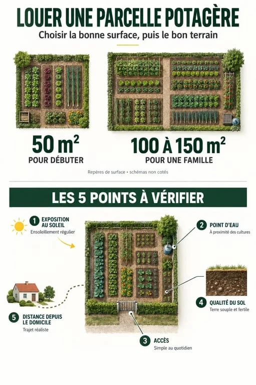 Infographie sur la location d'une parcelle de jardin potager et les critères de choix selon la surface