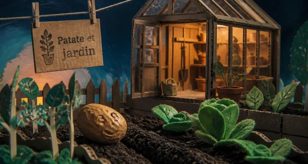 Patate et le jardin potager : patate sculptée dans un jardin miniature, style mixed-media