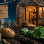 Patate et le jardin potager : patate sculptée dans un jardin miniature, style mixed-media