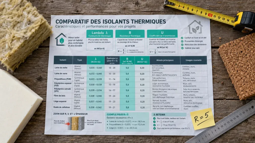 Tableau coefficient isolation thermique lambda R U pour choisir l’épaisseur