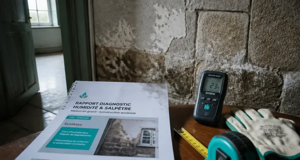 Traitement humidité lannion : mur en granit humide avec salpêtre