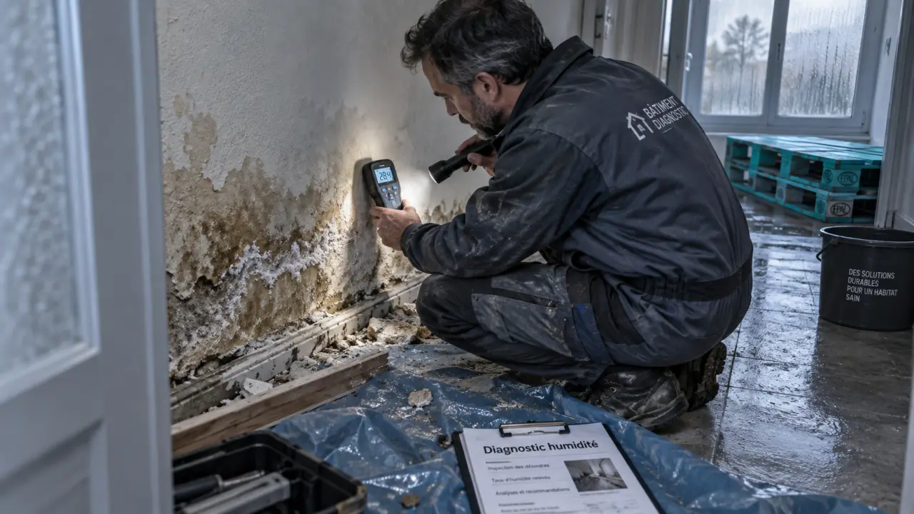 Traitement humidité perros guirec : technicien examine un mur avec salpêtre et hygromètre