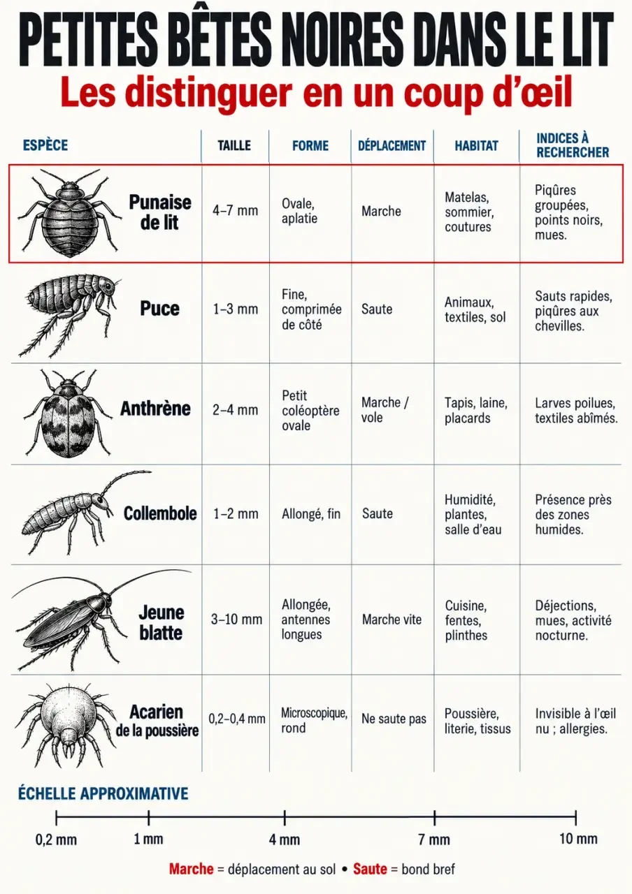 Infographie pour identifier les petites bêtes noires dans un lit : punaise, puce, anthrène et collembole