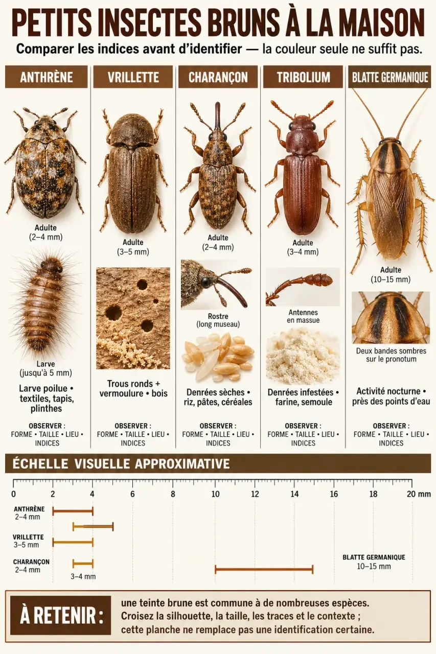 Petite insecte marron maison : infographie des principaux insectes bruns et de leurs indices d’identification