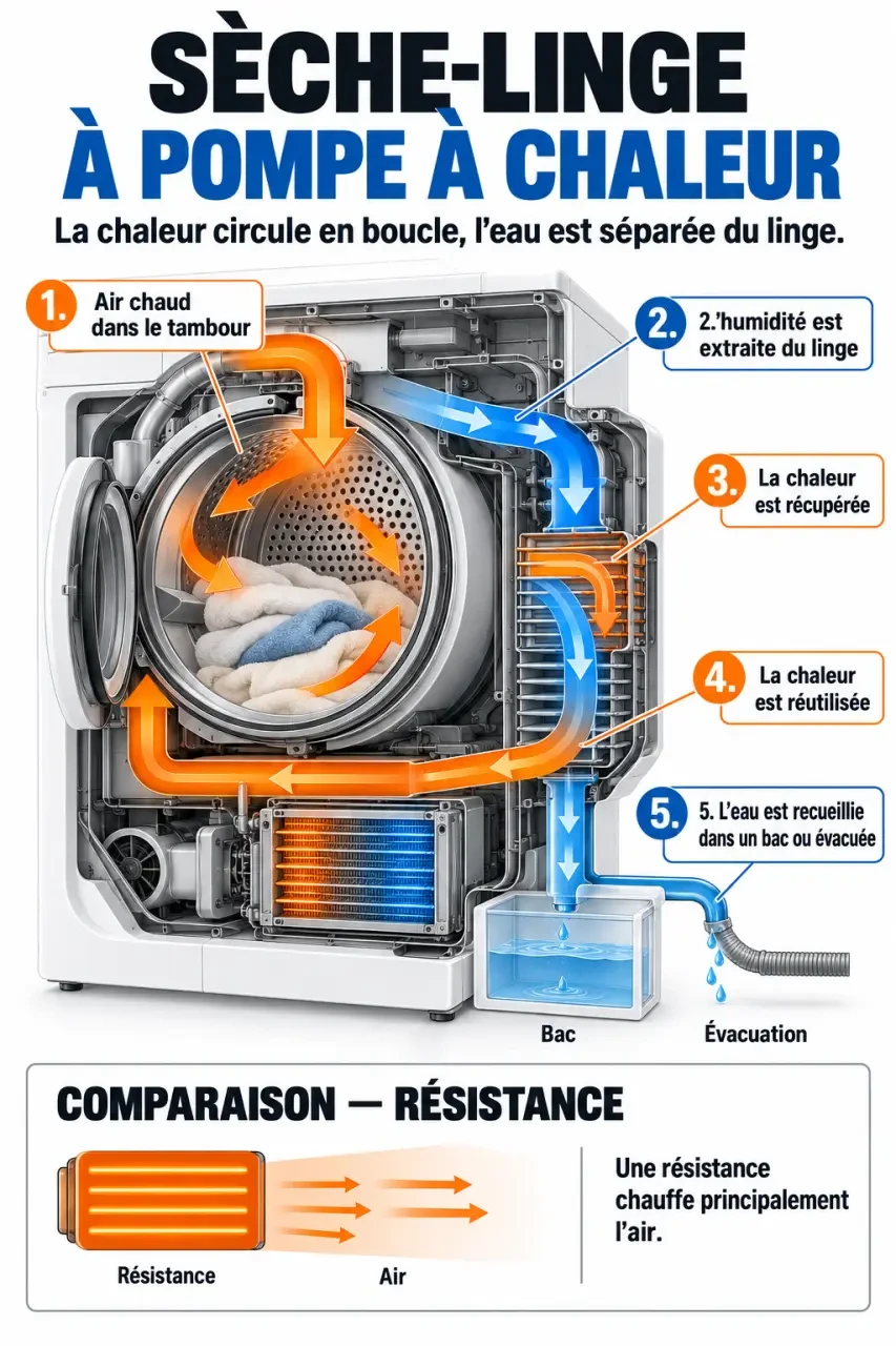 Schéma du fonctionnement d'un sèche linge économique à pompe à chaleur