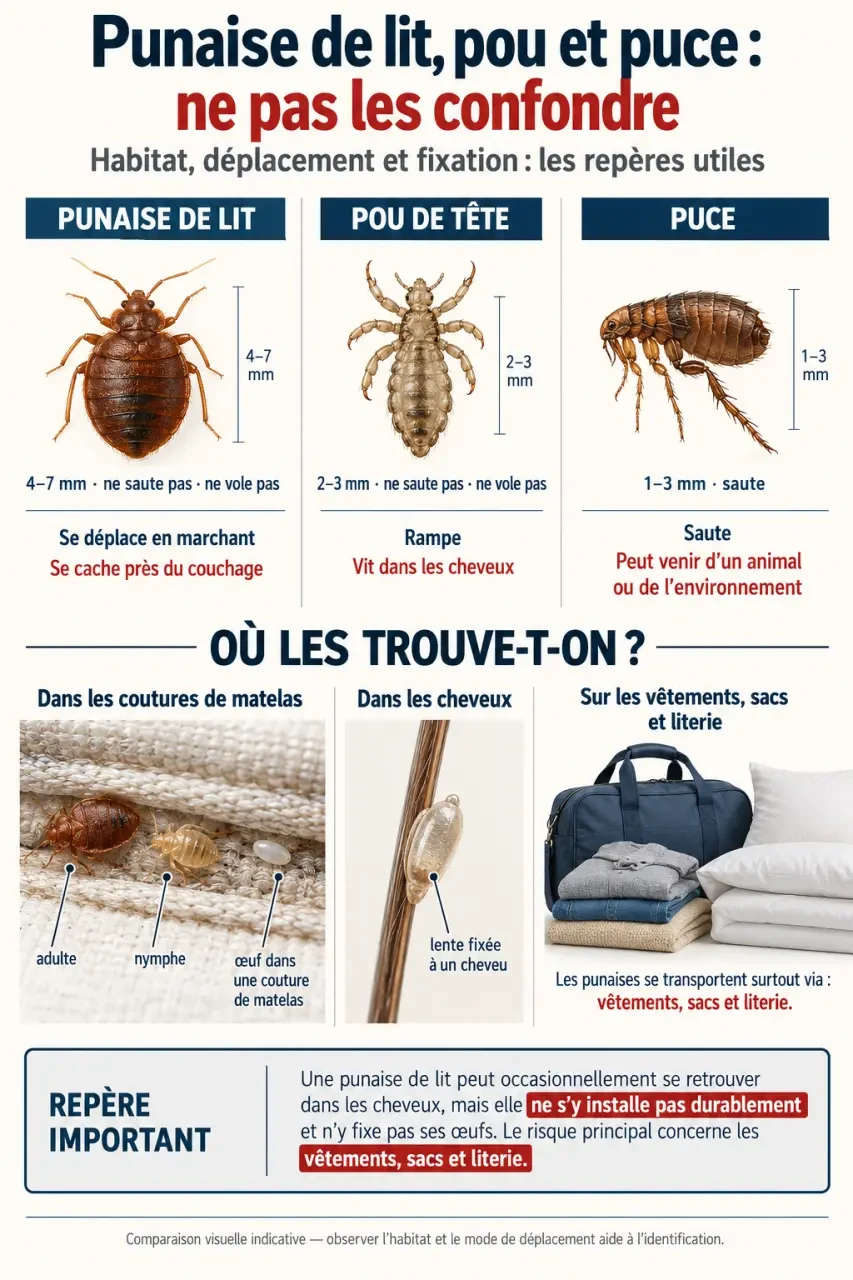 Infographie sur les punaises de lit dans les cheveux et les différences avec les poux et les puces