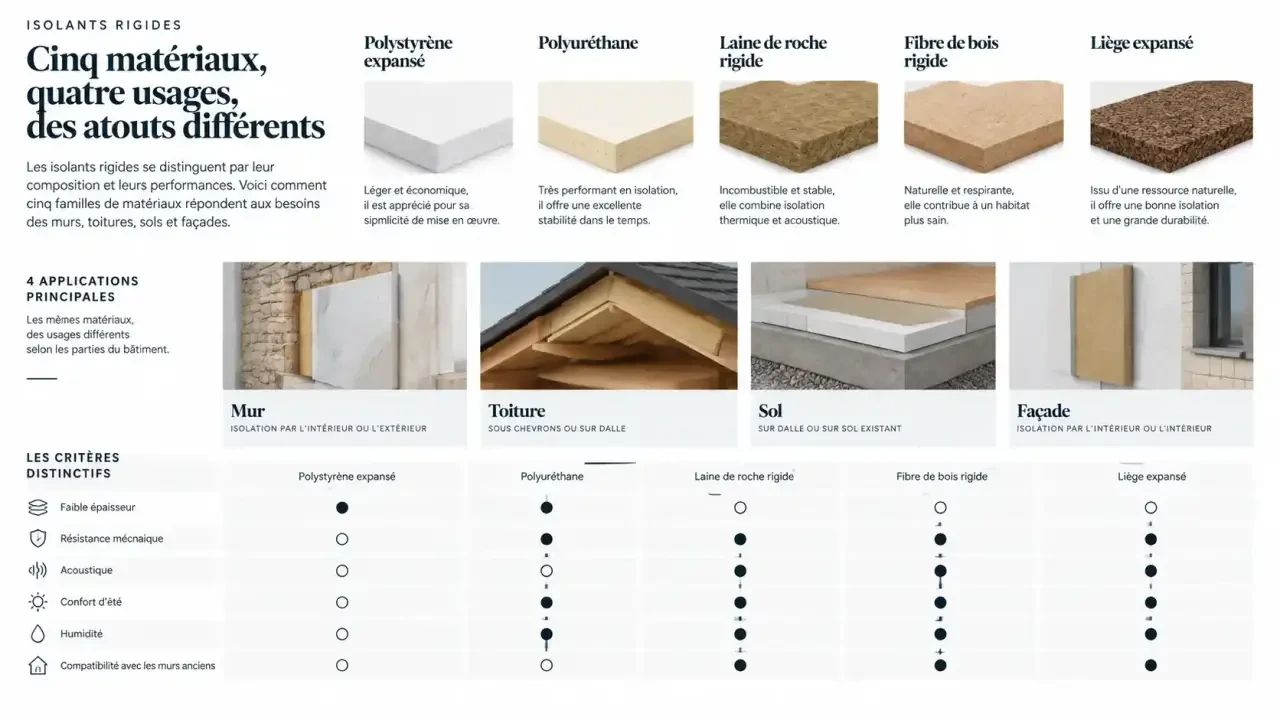 Infographie comparative des isolants rigides selon les usages et les performances