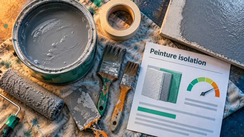 Peinture pour isolation thermique : pot, rouleau et mur enduit