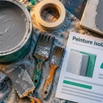 Peinture pour isolation thermique : pot, rouleau et mur enduit